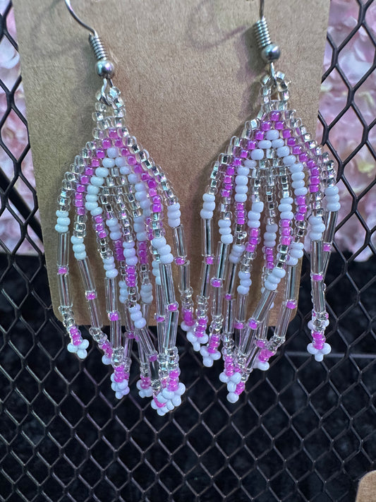 Pink white beaded earrings