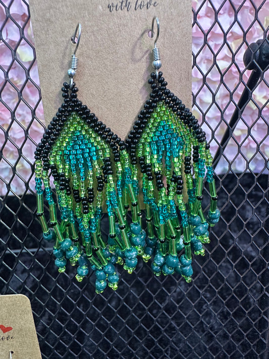 Blue green and black 2” beaded earrings