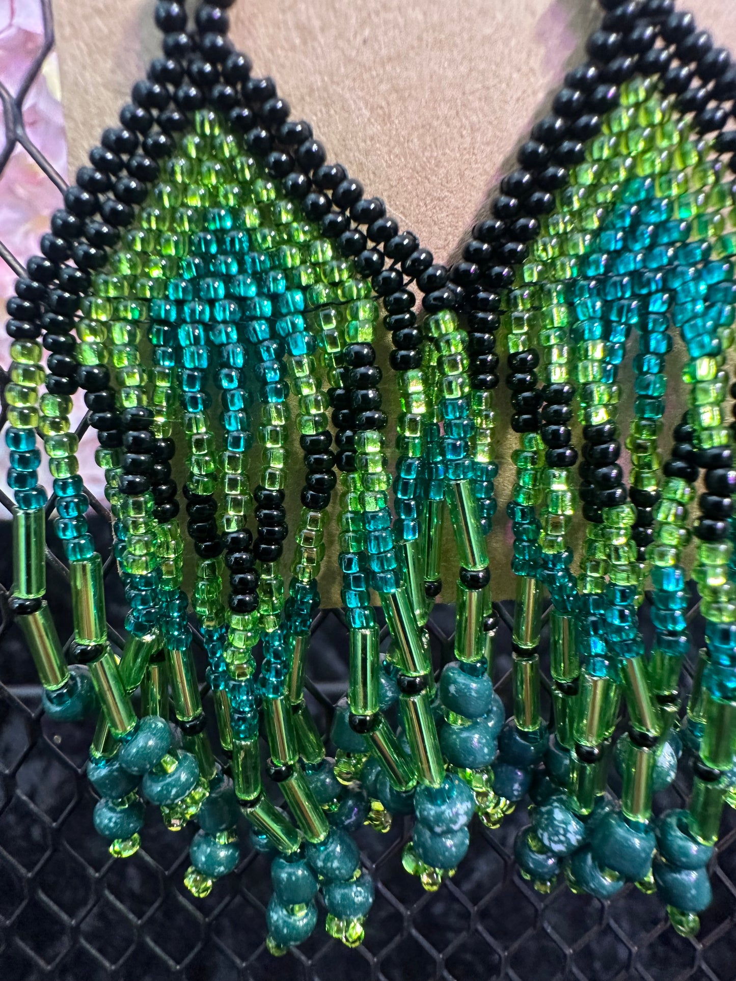 Blue green and black 2” beaded earrings