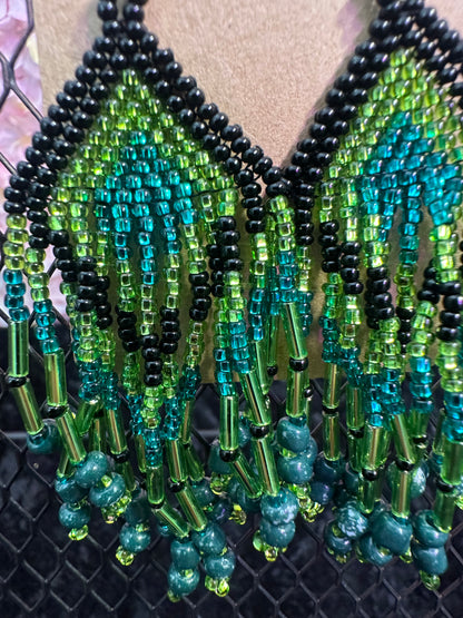 Blue green and black 2” beaded earrings