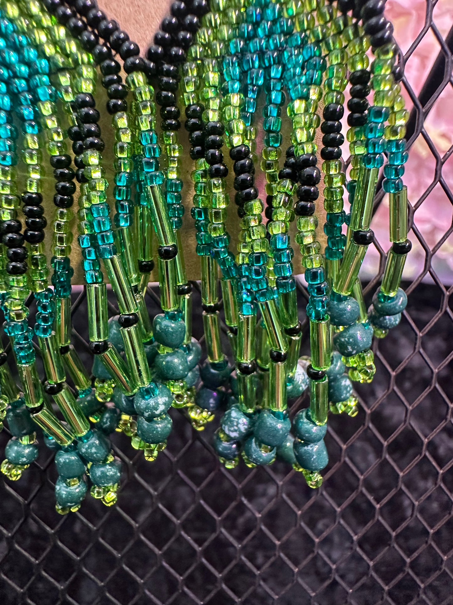 Blue green and black 2” beaded earrings