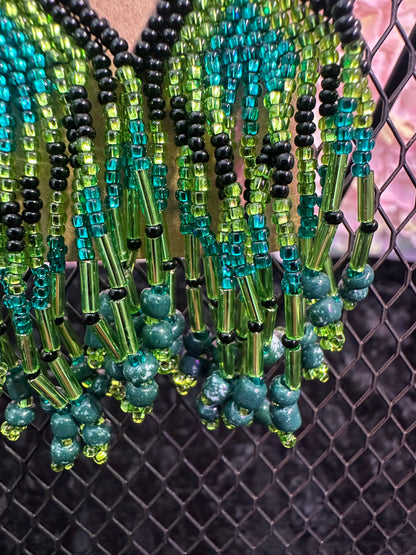 Blue green and black 2” beaded earrings