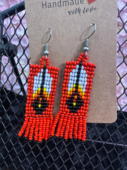 Red feather beaded earrings