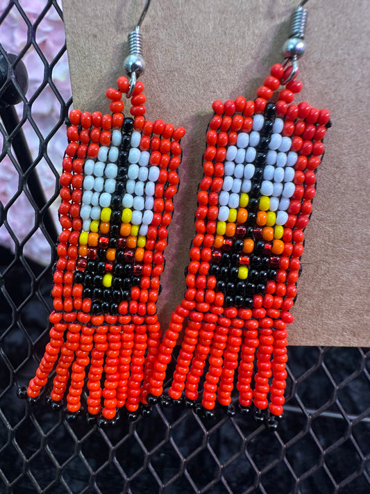 Red feather beaded earrings