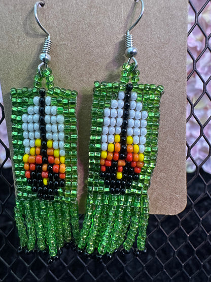 Green feather beaded earrings