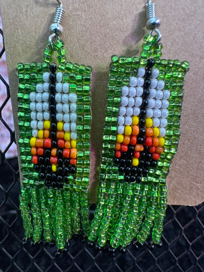 Green feather beaded earrings