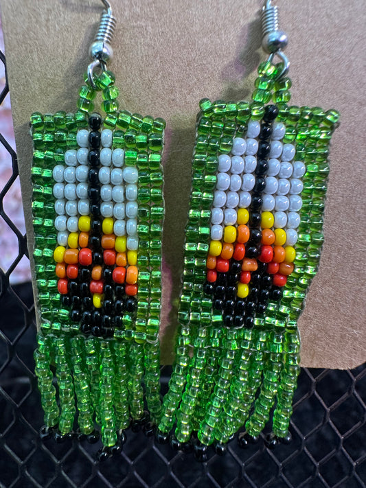 Green feather beaded earrings