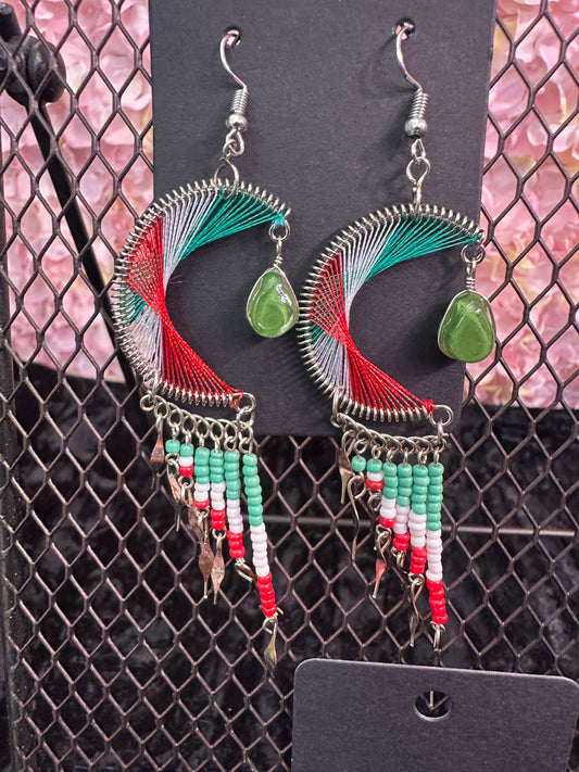 Green red evil eye moon beaded earrings