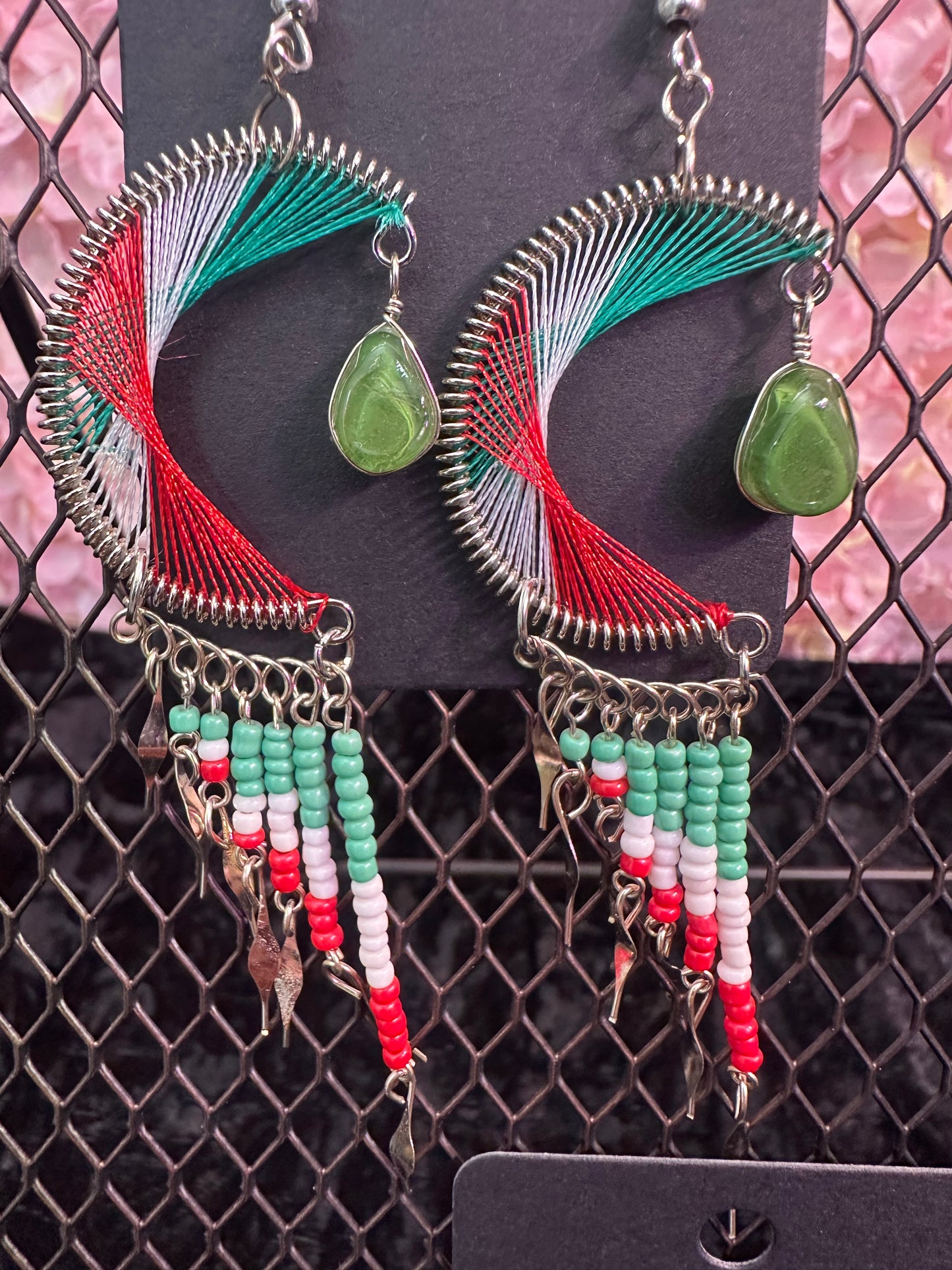 Green red evil eye moon beaded earrings