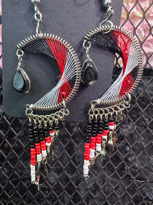 Red black evil eye moon beaded earrings