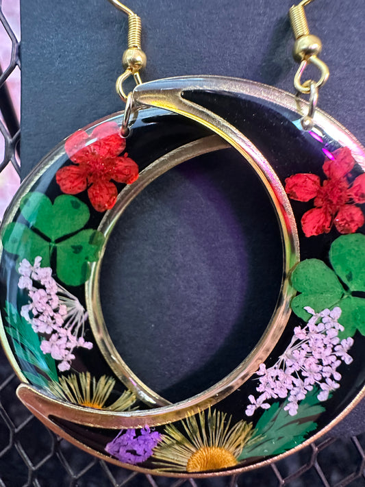 Black half moon pressed flower earrings