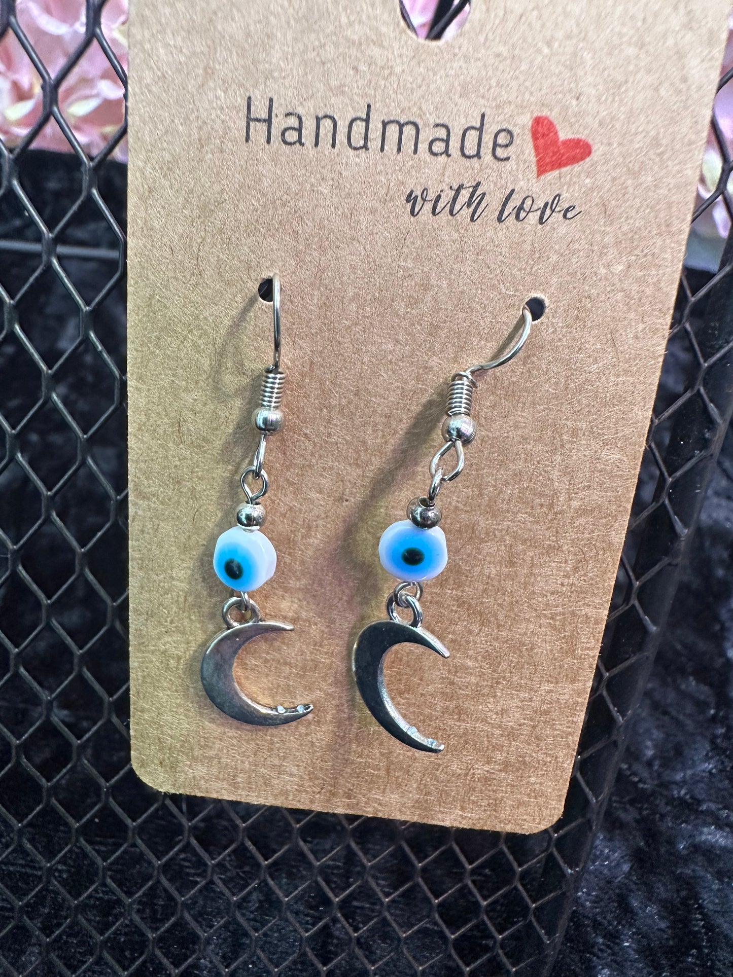 Evil eye crescent moon bead earrings