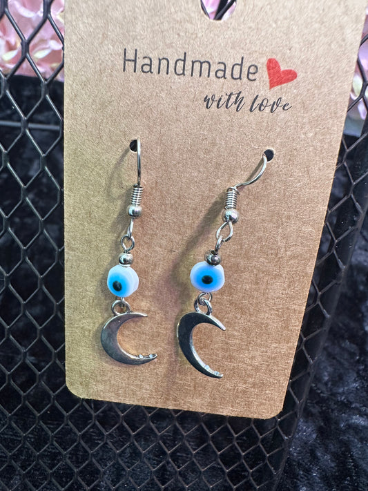 Evil eye crescent moon bead earrings