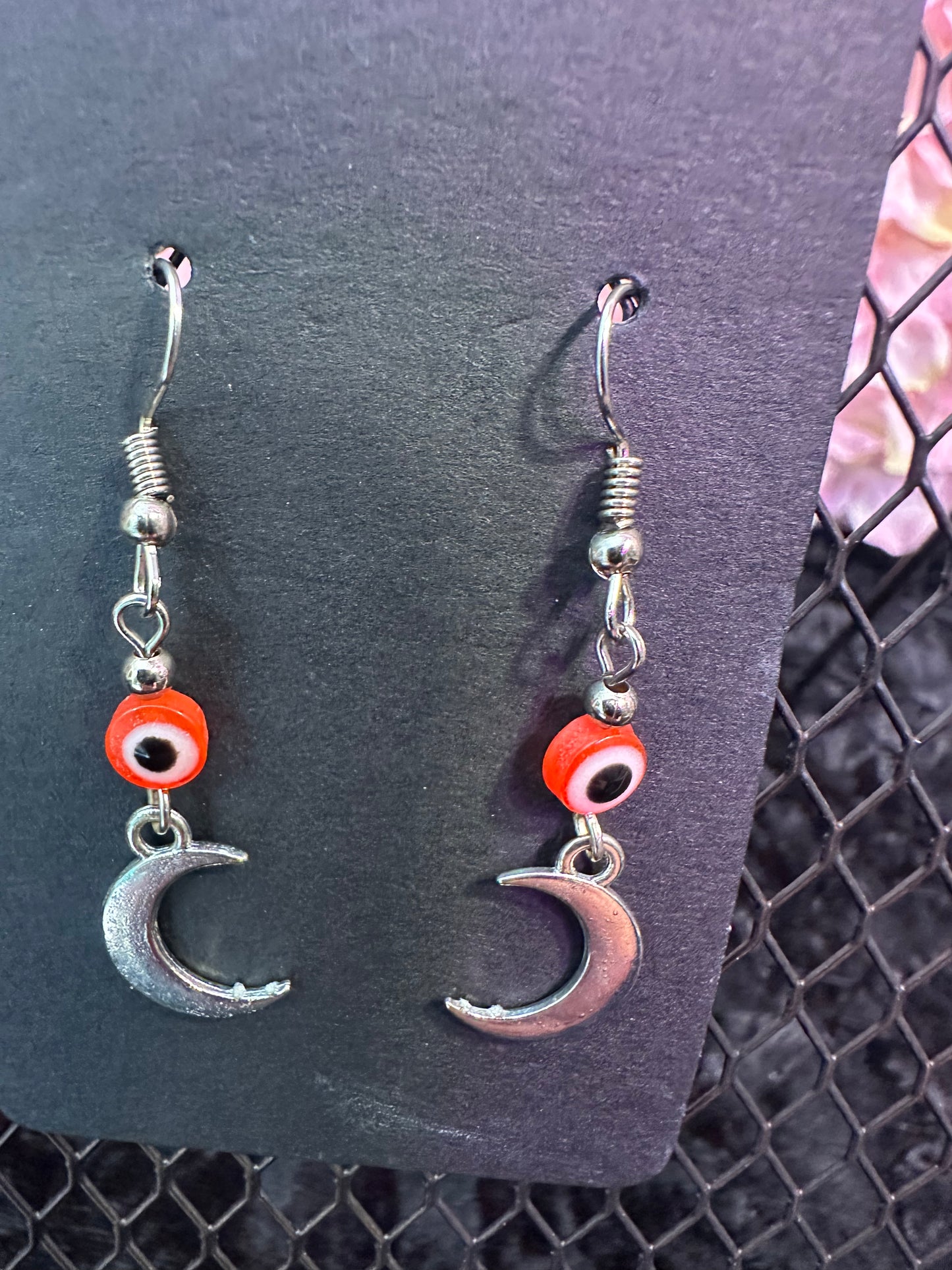 Evil eye crescent moon bead earrings red