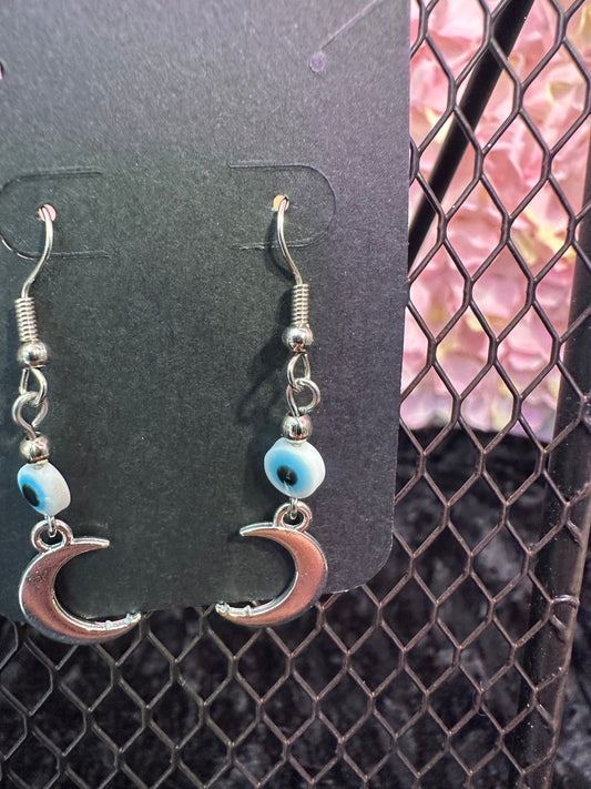 Evil eye crescent moon bead earrings white
