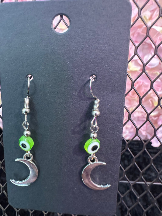 Evil eye crescent moon bead earrings neon green