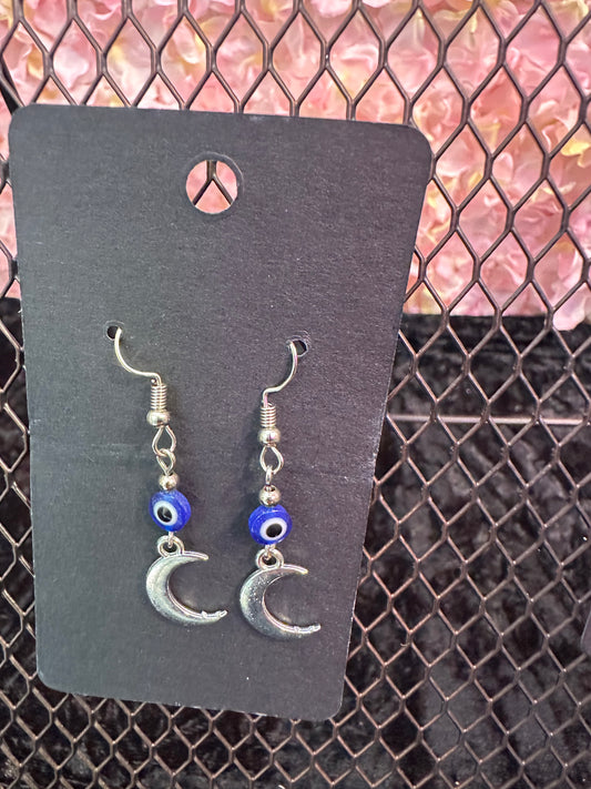 Evil eye crescent moon bead earrings blue