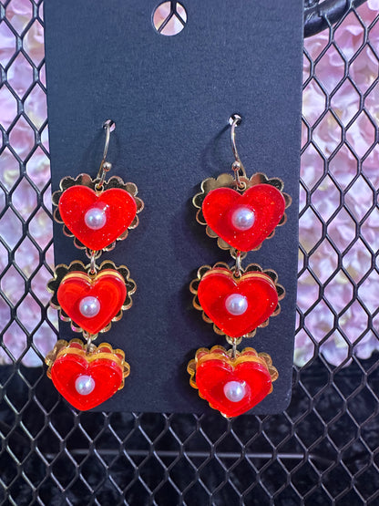 Red heart trio earrings