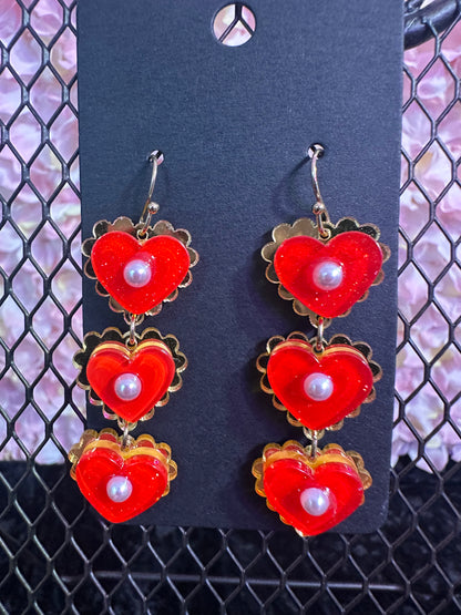Red heart trio earrings