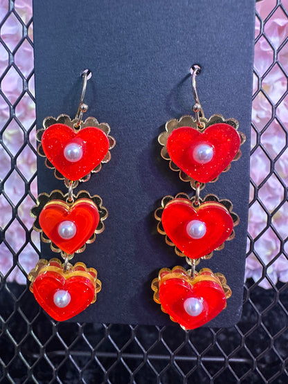 Red heart trio earrings