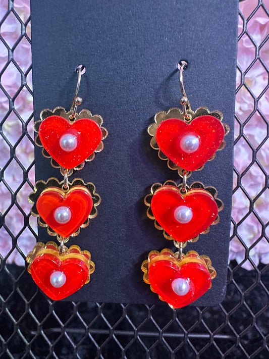 Red heart trio earrings