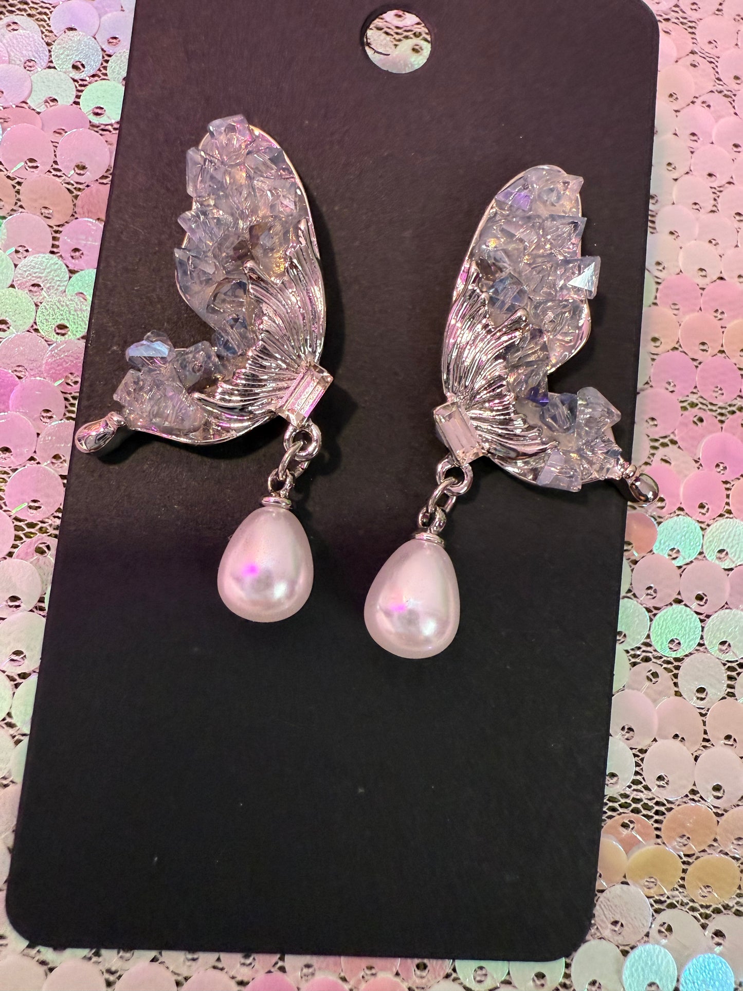 Pearl Pendant Crystal Butterfly earrings