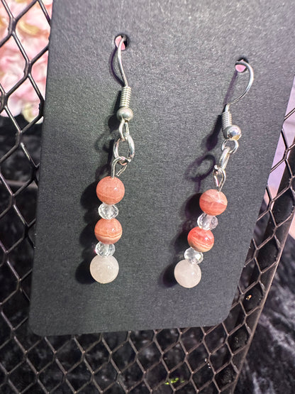 Rhodochrosite, Rose Quartz and Quartz Handmade Crystal earrings