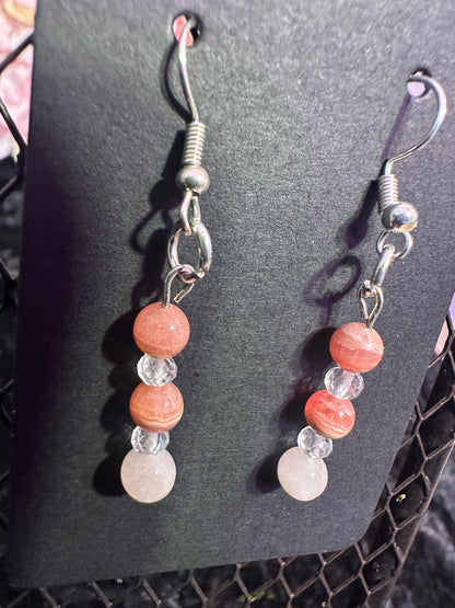 Rhodochrosite, Rose Quartz and Quartz Handmade Crystal earrings
