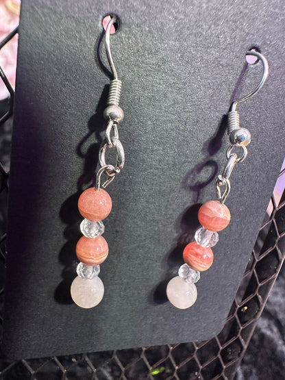 Rhodochrosite, Rose Quartz and Quartz Handmade Crystal earrings
