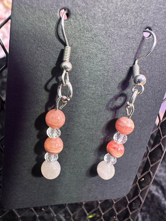 Rhodochrosite, Rose Quartz and Quartz Handmade Crystal earrings