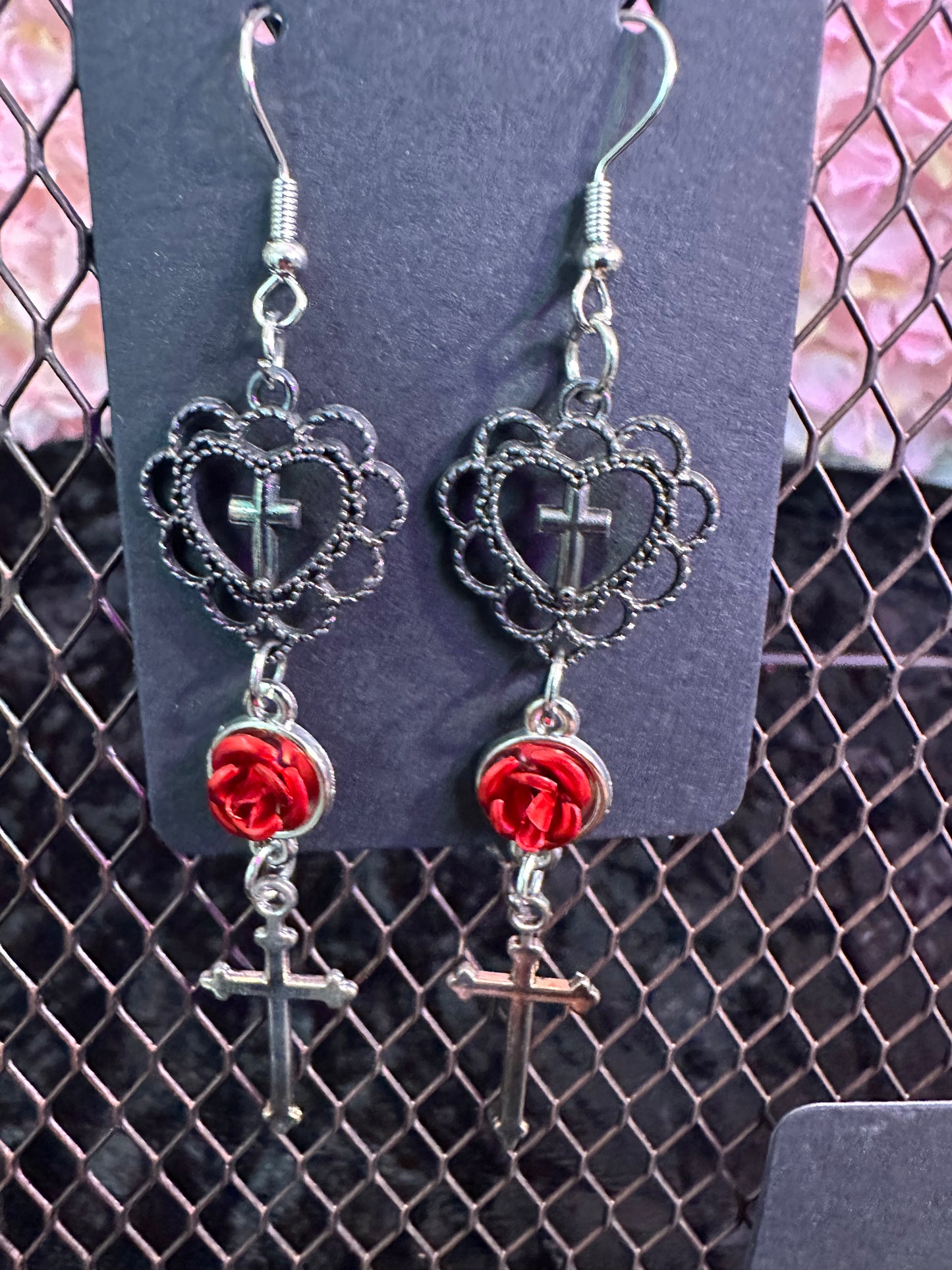 Black heart red rose cross earrings