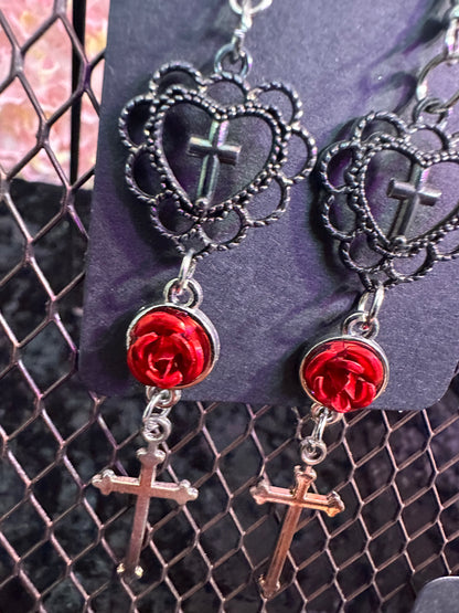 Black heart red rose cross earrings
