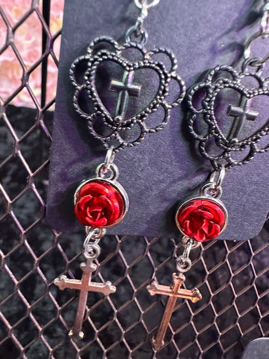 Black heart red rose cross earrings