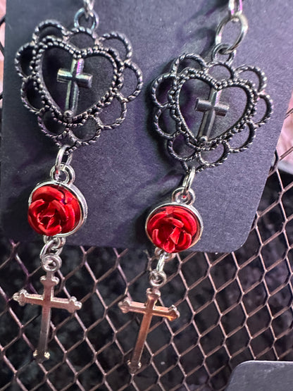 Black heart red rose cross earrings