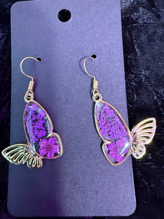 Purple dried flower butterfly earrings