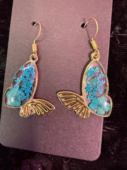 Teal dried flower butterfly earrings