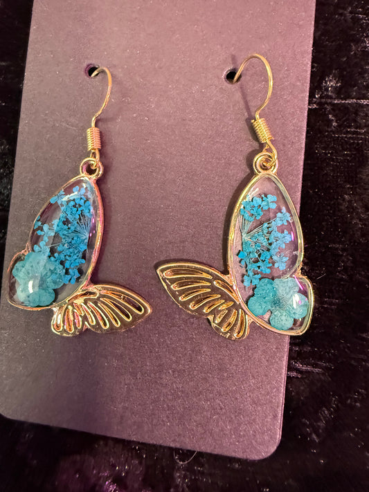 Teal dried flower butterfly earrings