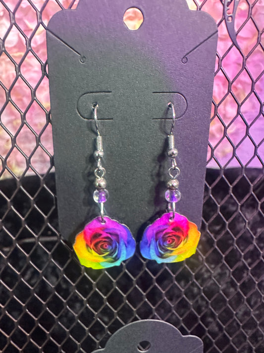 Rainbow rose earrings