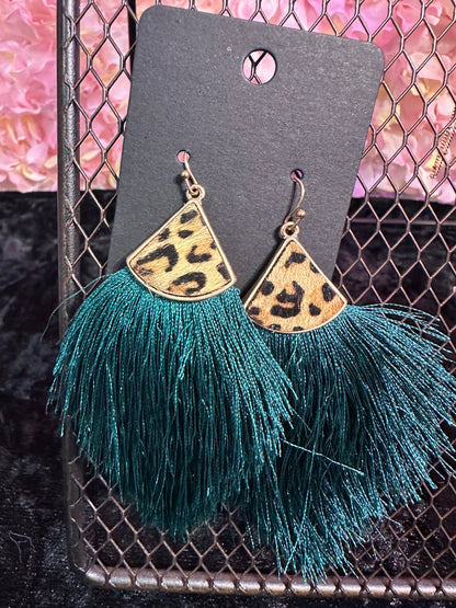 Teal animal print fringe earrings