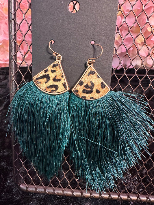 Teal animal print fringe earrings