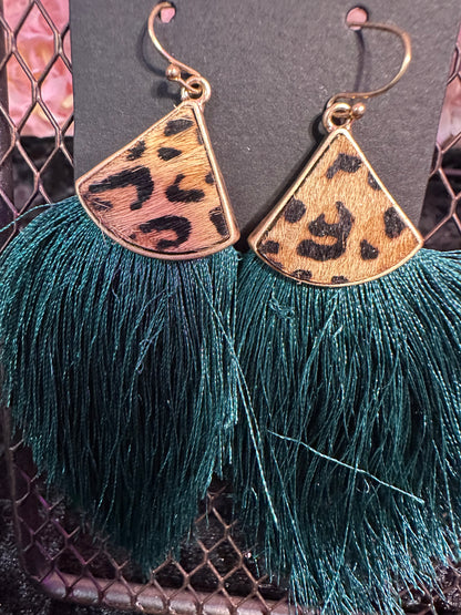 Teal animal print fringe earrings