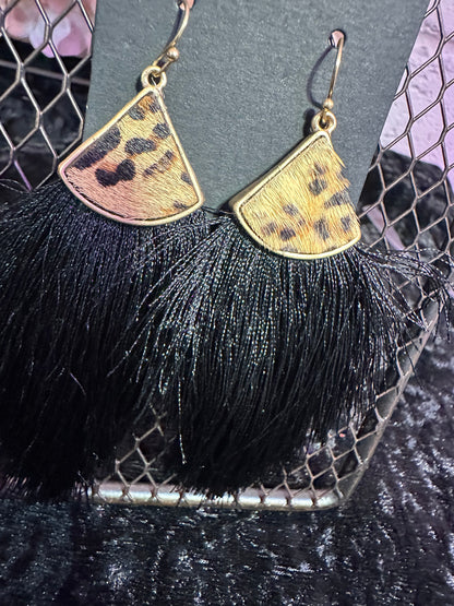 Black animal print fringe earrings