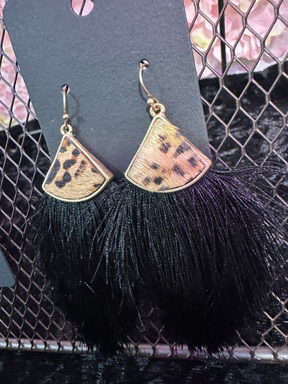 Black animal print fringe earrings