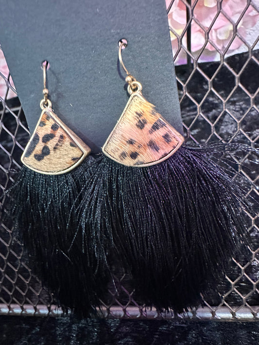 Black animal print fringe earrings