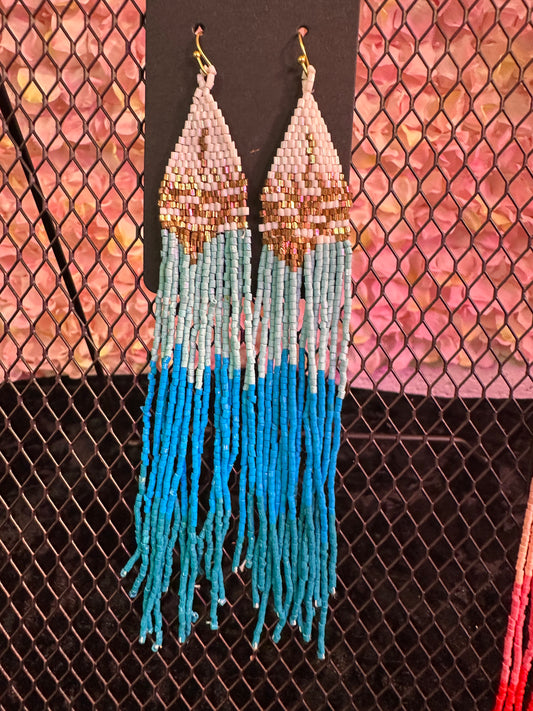Baby blue long beaded earrings