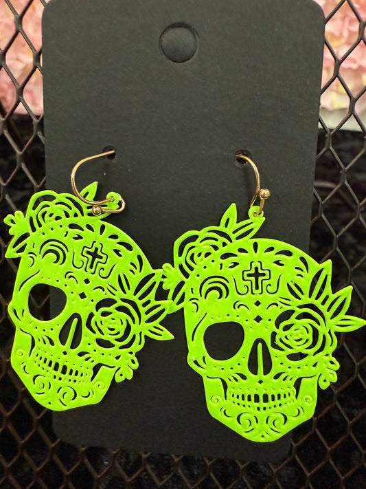 Lime Green Dia de Los Muertos earrings