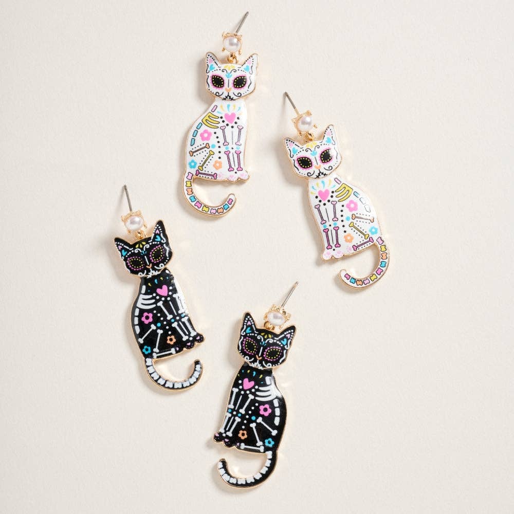Day of the Dead Cat Earrings for Halloween Jewelry: Jet Black