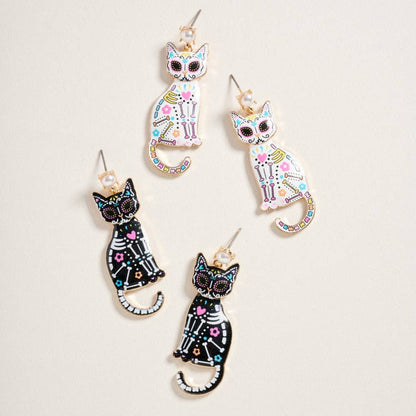 Day of the Dead Cat Earrings for Halloween Jewelry: Jet Black