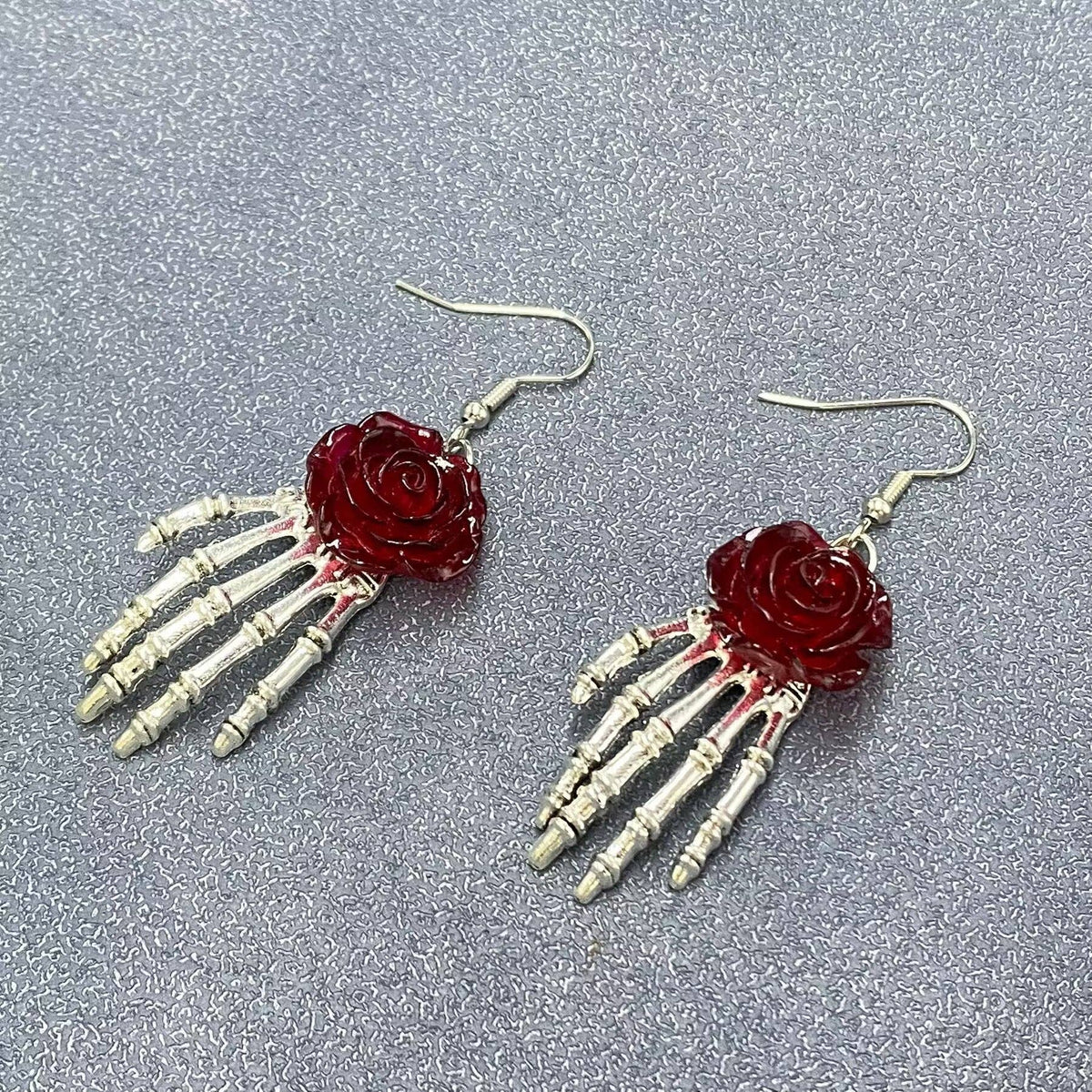 Wine Gothic Rose Skeleton Hand Dangle Earrings