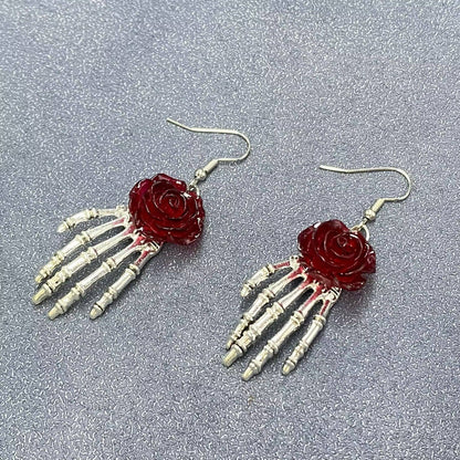 Wine Gothic Rose Skeleton Hand Dangle Earrings